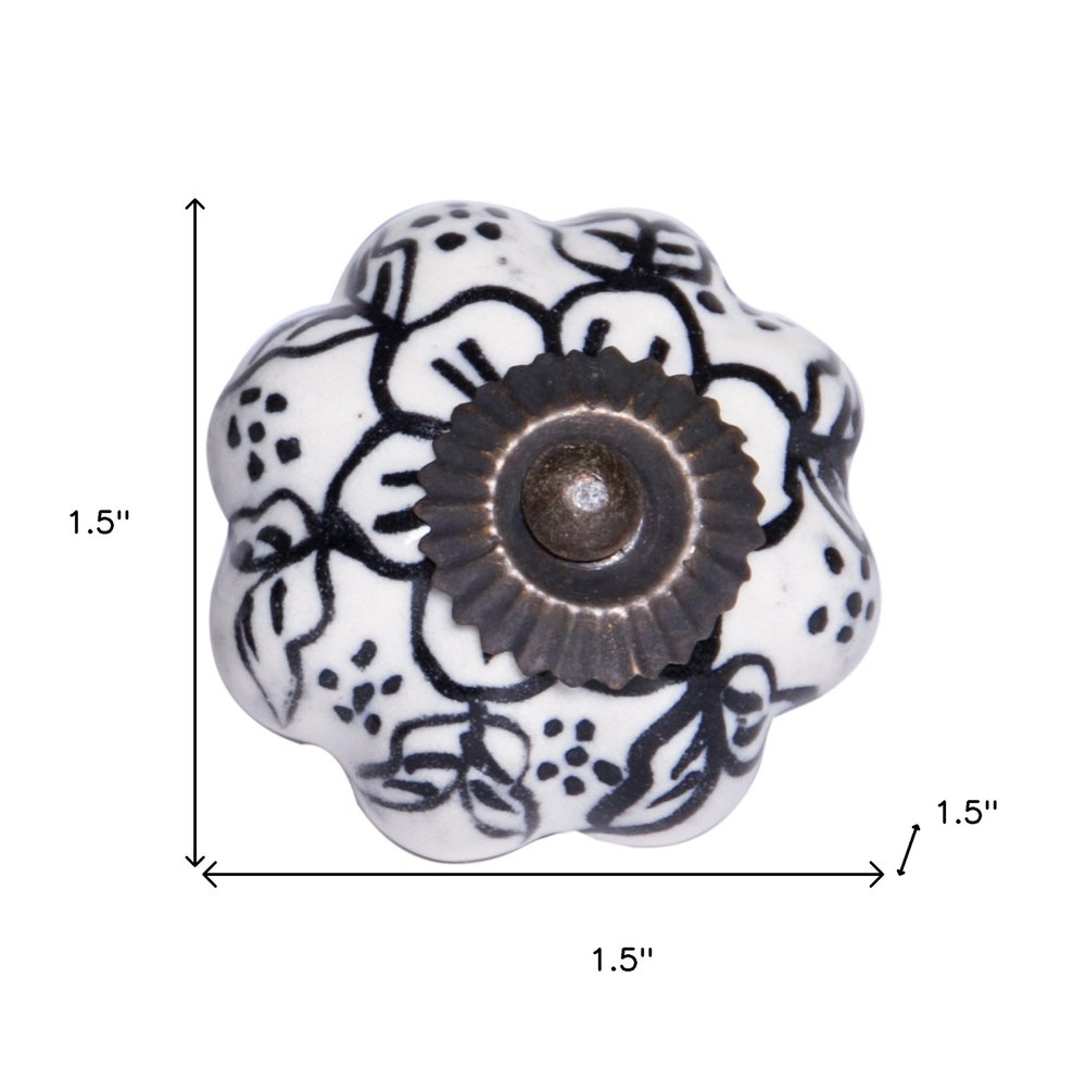 Set of Twelve Black And White Floral Ceramic Drawer Pull Knobs