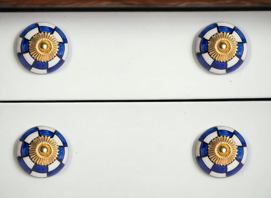 Set of Twelve Blue White And Gold Geometric Ceramic Drawer Pull Knobs