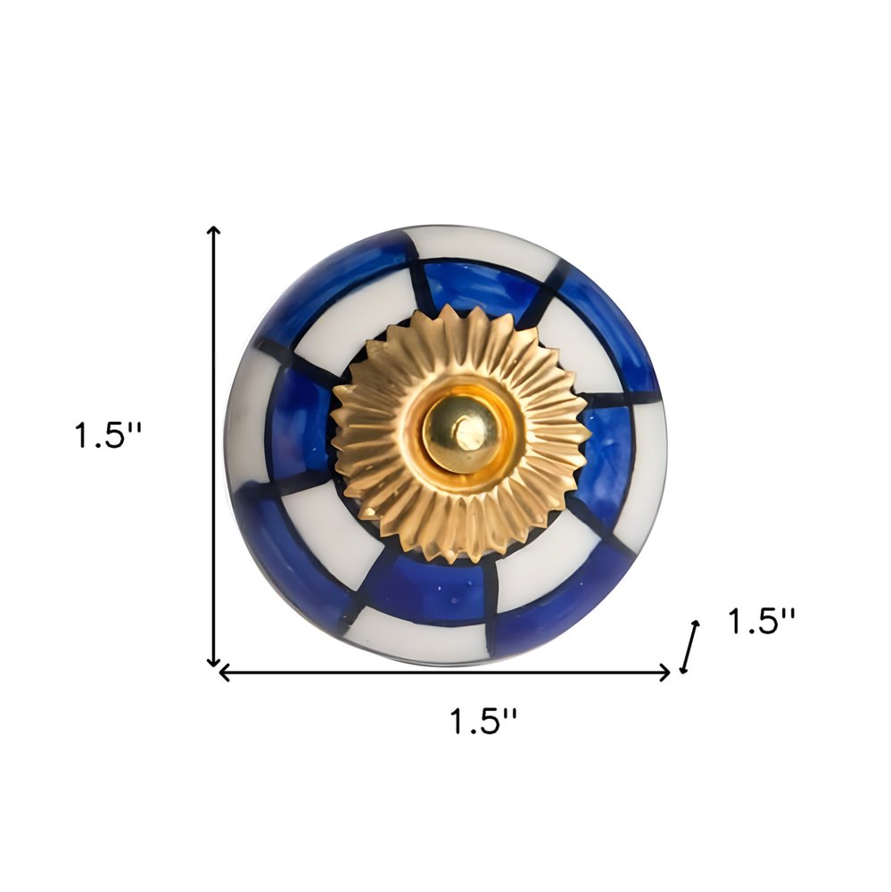 Set of Twelve Blue White And Gold Geometric Ceramic Drawer Pull Knobs