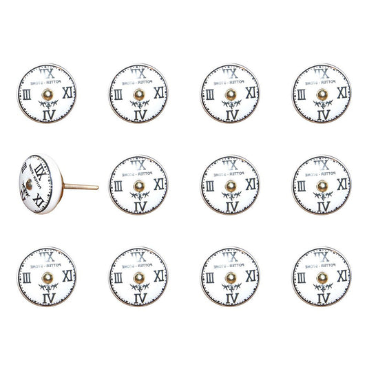 Set of Twelve Black White And Gold Clock Face Ceramic Drawer Pull Knobs