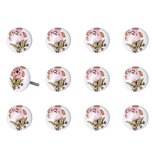Set of Twelve Pink And White Floral Ceramic Drawer Pull Knobs
