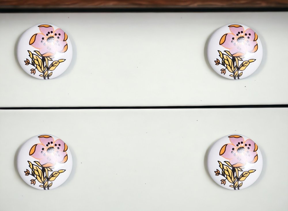 Set of Twelve Pink And White Floral Ceramic Drawer Pull Knobs