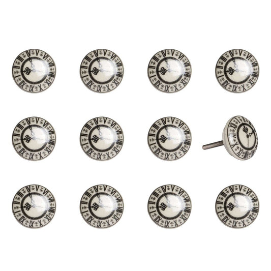 Set of Twelve Black And Gray Clock Face Ceramic Drawer Pull Knobs