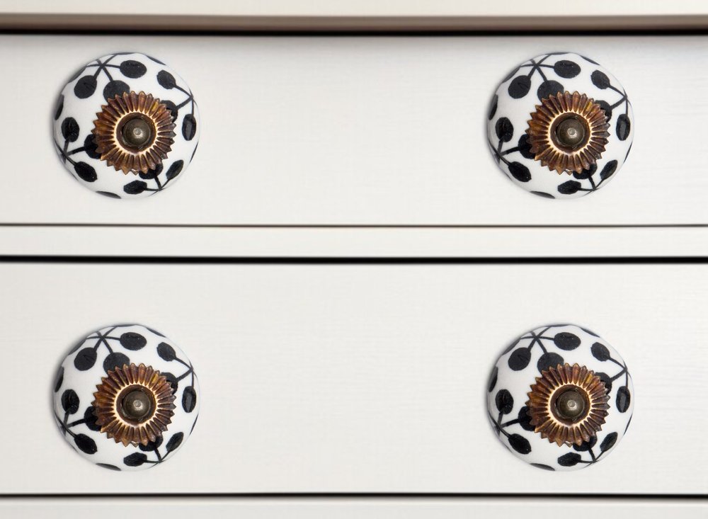 Set of Twelve Black White And Copper Ceramic Geometric Drawer Pull Knobs