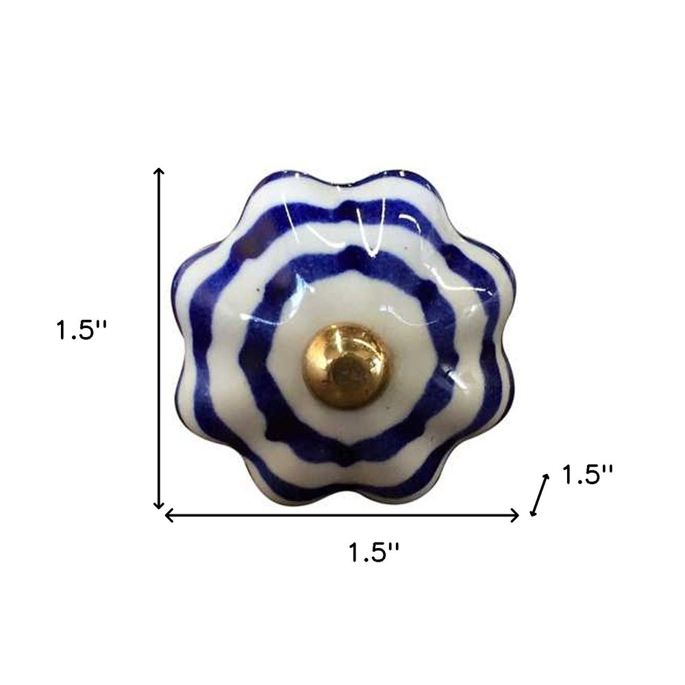 Set of Twelve Blue White And Copper Floral Ceramic Drawer Pull Knobs