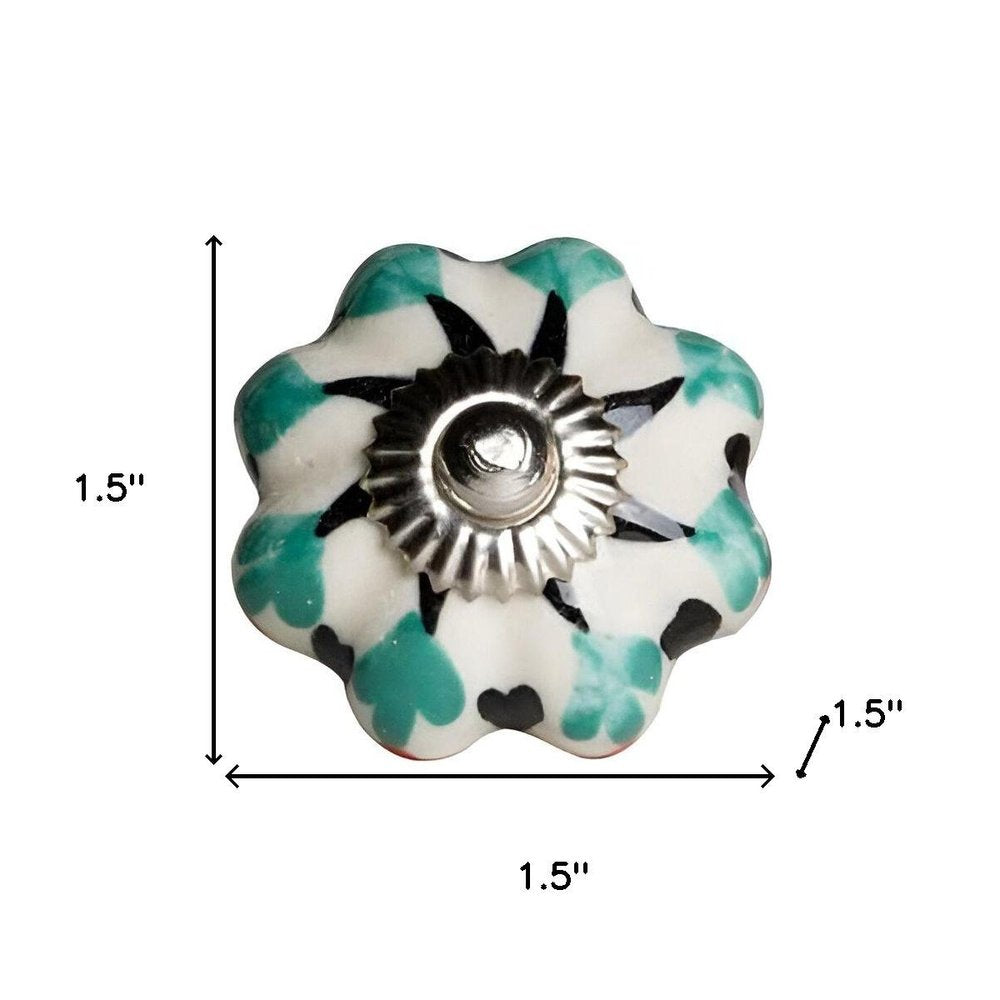Set of Twelve Green Silver And White Geometric Ceramic Drawer Pull Knobs