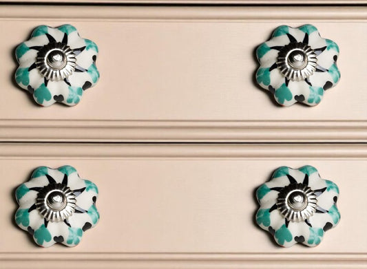 Set of Twelve Green Silver And White Geometric Ceramic Drawer Pull Knobs