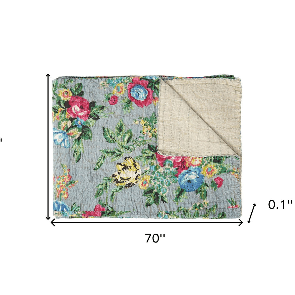 50" X 70" Green and Red Kantha Cotton Damask Throw Blanket with Embroidery