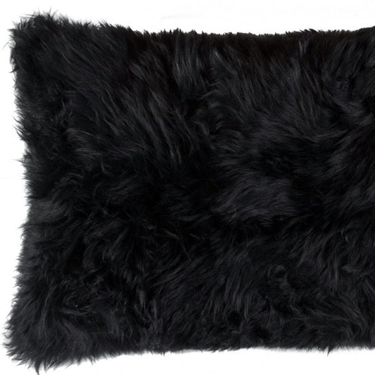 12" X 20" Black Sheepskin Lumbar Throw Pillow
