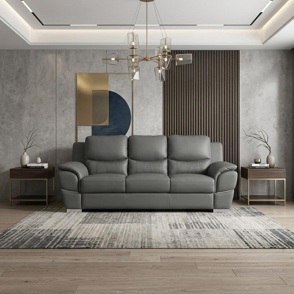 85" Gray Leather Sofa With Silver Legs