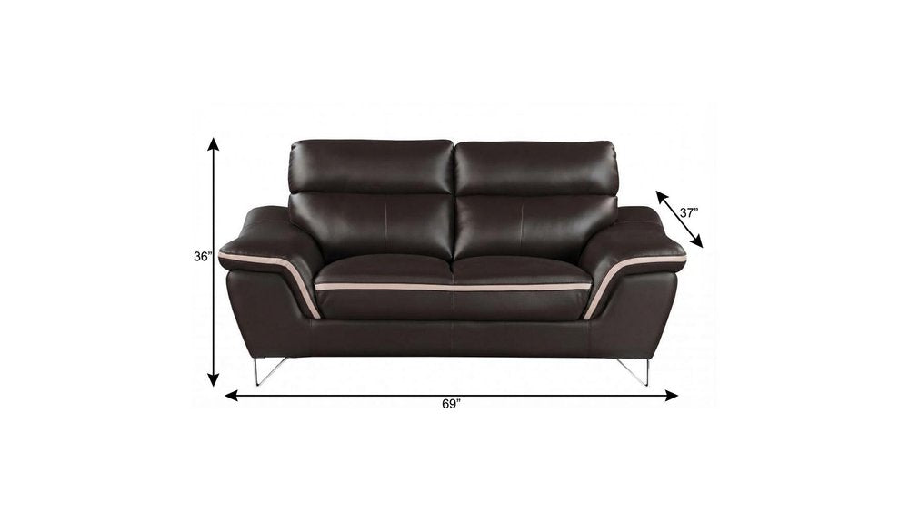 69" Brown And Silver Faux Leather Love Seat