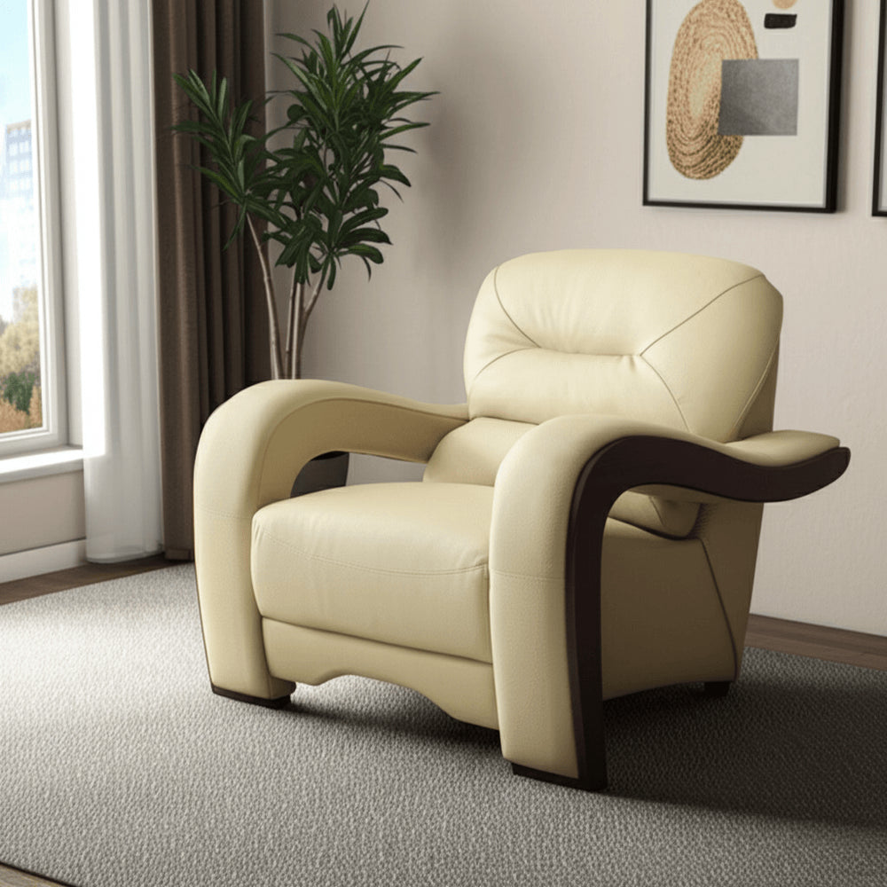 39" Beige and Brown Leather Arm Chair