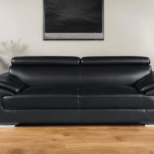 86" Black Leather Sofa With Silver Legs