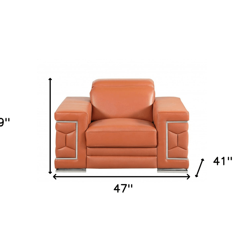 47" Brown And Silver Genuine Leather Arm Chair