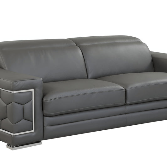 89" Dark Gray Italian Leather Sofa With Silver Legs