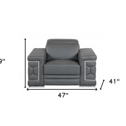 47" Dark Gray And Silver Genuine Leather Arm Chair
