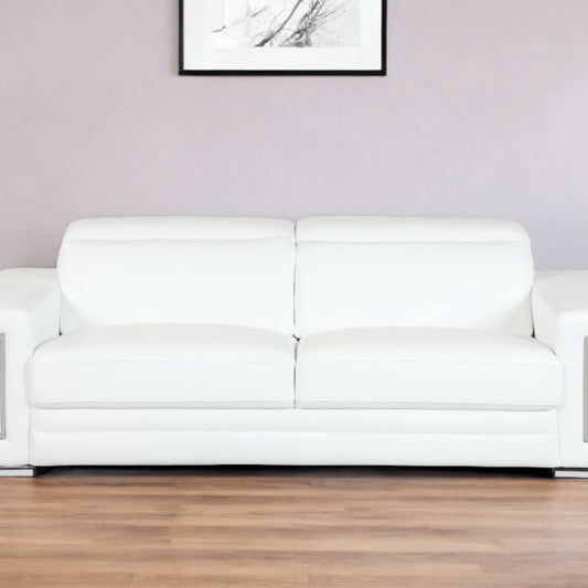 89" White Italian Leather Sofa With Silver Legs