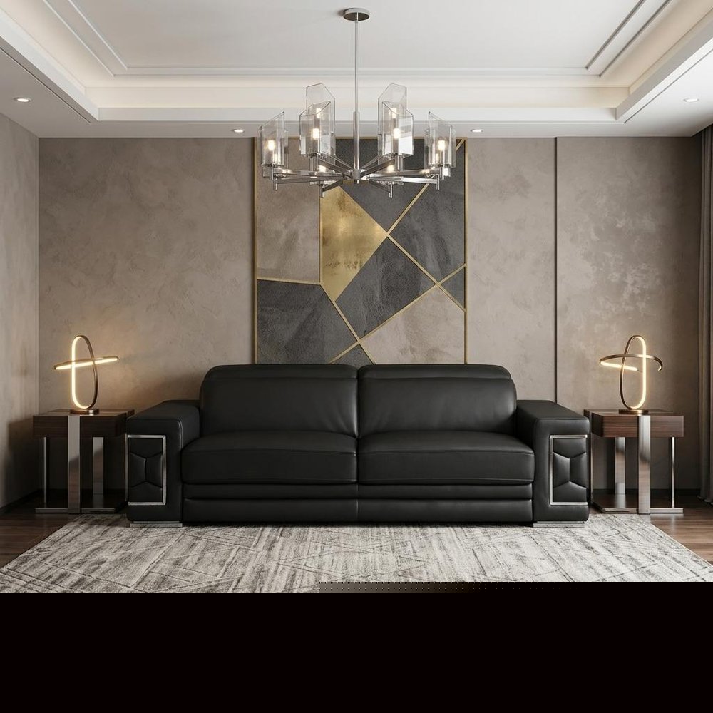 89" Black Italian Leather Sofa With Silver Legs
