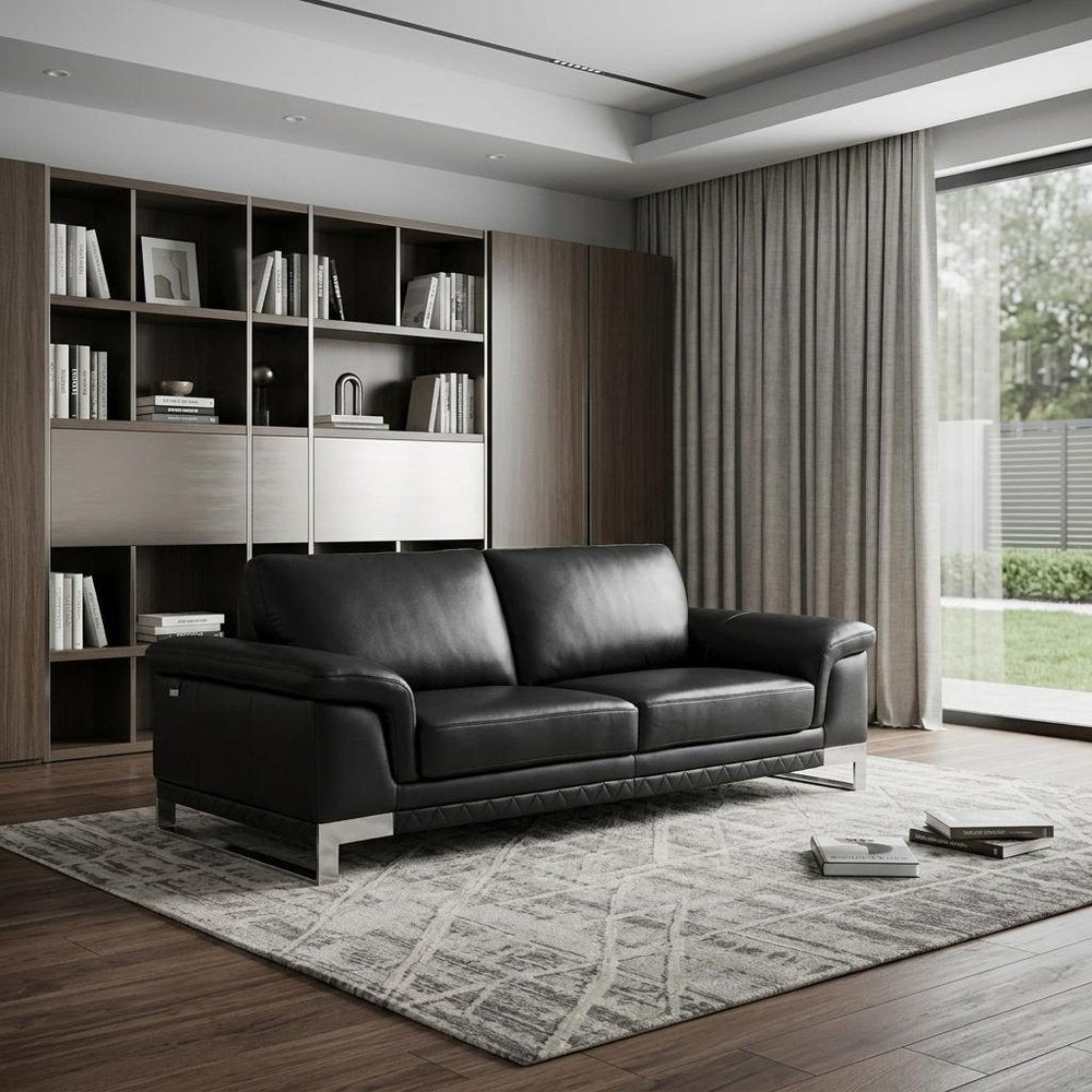 90" Black Italian Leather Sofa With Silver Legs