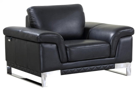 49" Black And Silver Genuine Leather Arm Chair