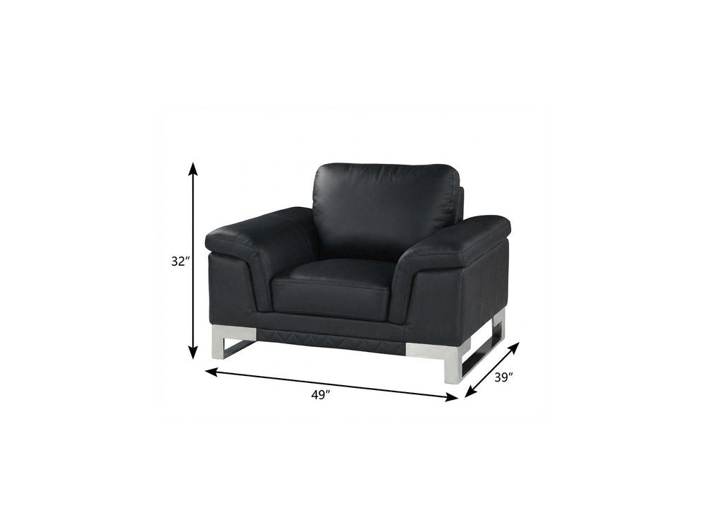49" Black And Silver Genuine Leather Arm Chair