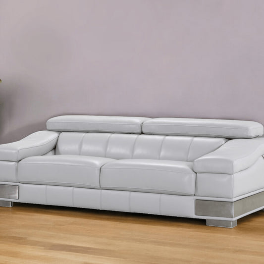 92" Light Gray Italian Leather Sofa With Silver Legs