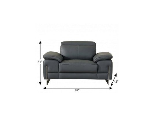 87" Gray And Silver Faux Leather Club Chair