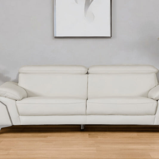 87" White Italian Leather Sofa With Silver Legs