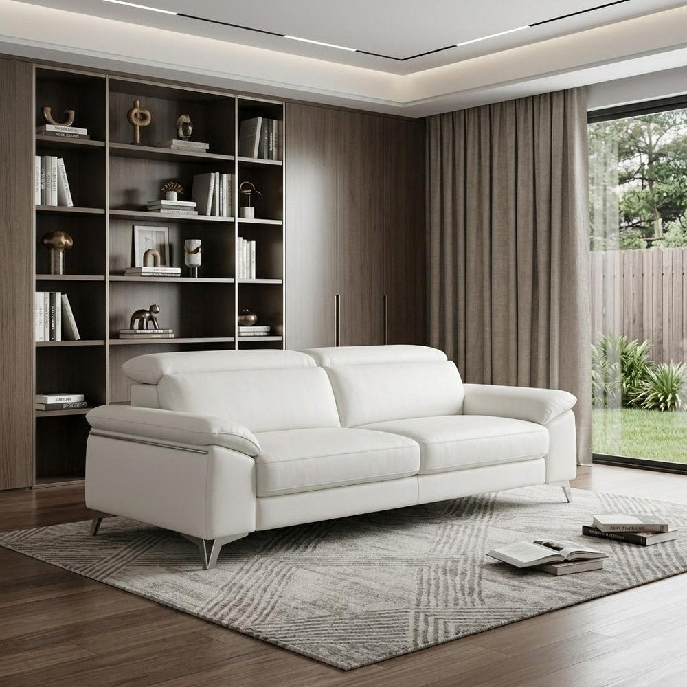87" White Italian Leather Sofa With Silver Legs