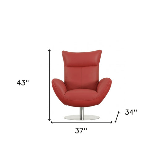 37" Red And Silver Genuine Leather Swivel Lounge Chair