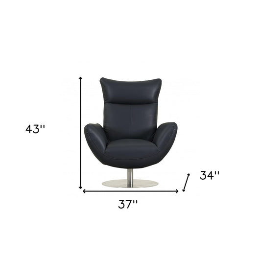 37" Blue And Silver Genuine Leather Lounge Chair