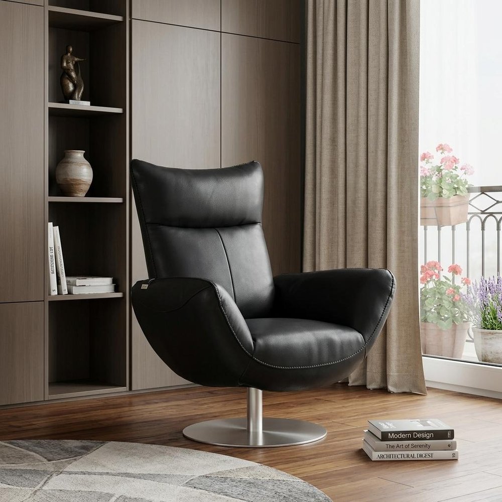 37" Black And Silver Genuine Leather Lounge Chair