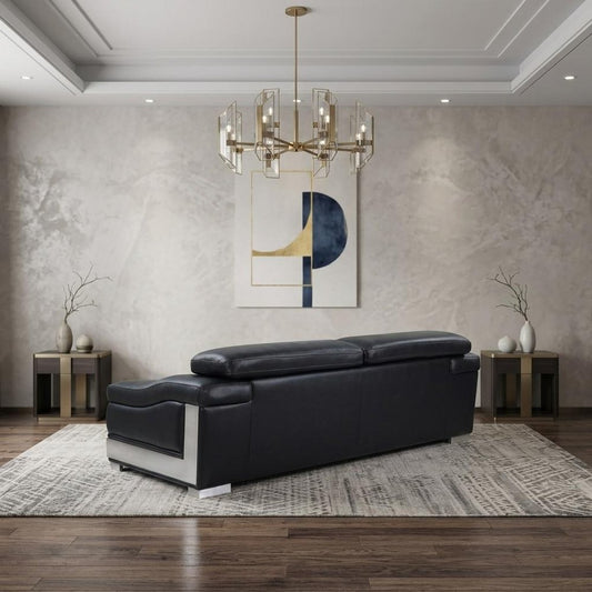 92" Black Italian Leather Sofa With Silver Legs