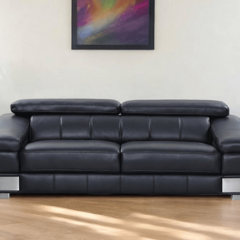 92" Black Italian Leather Sofa With Silver Legs