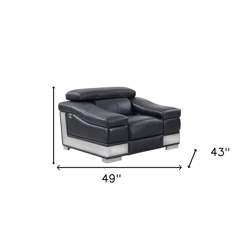 49" Black And Silver Genuine Leather Arm Chair