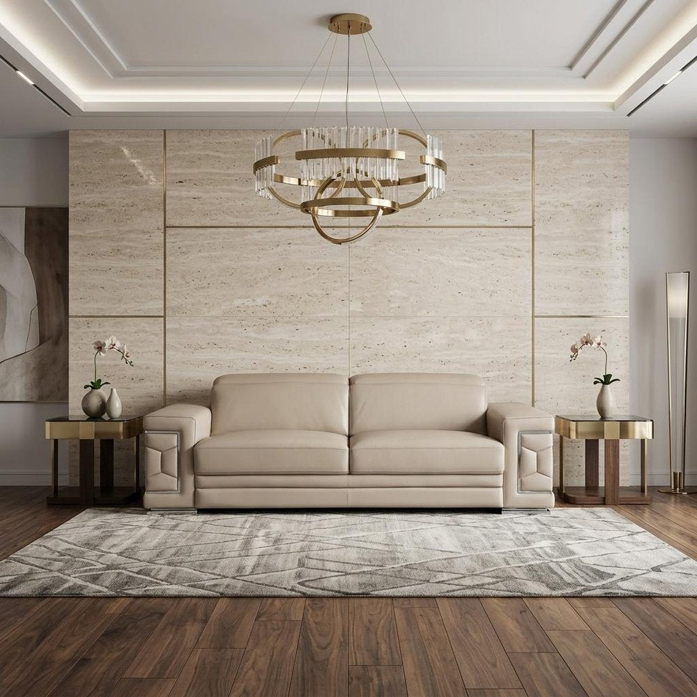 89" Beige Italian Leather Sofa With Silver Legs