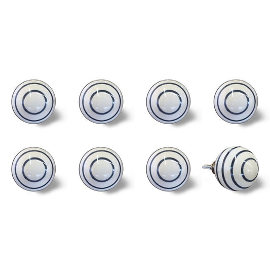 Set of Eight White And Navy Blue Geo Lines Ceramic Drawer Pull Knobs