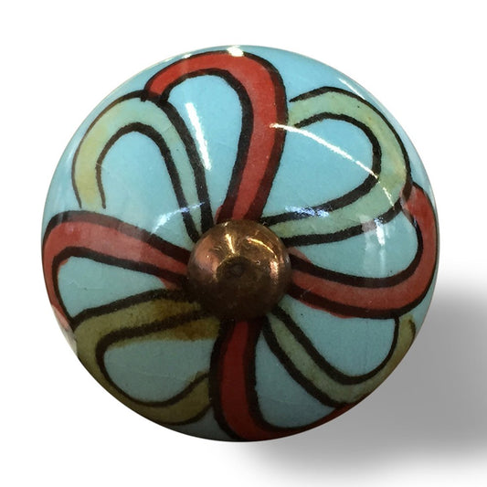 Set of Twelve Turquoise And Red Geometric Ceramic Drawer Pull Knobs