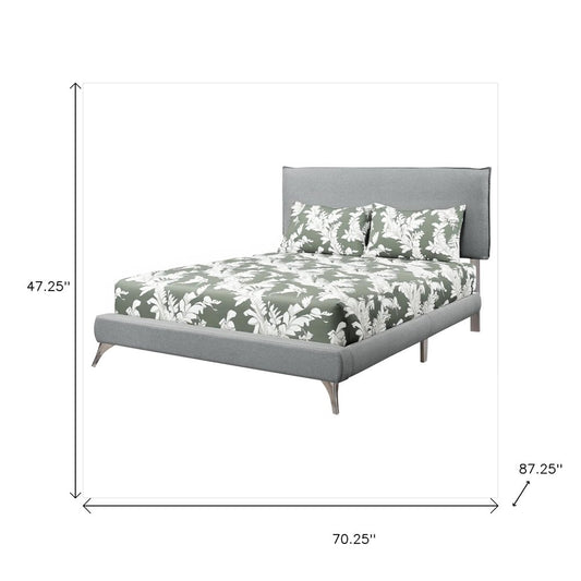 Gray Solid Wood Queen Upholstered Linen Bed Frame with Nailhead Trim