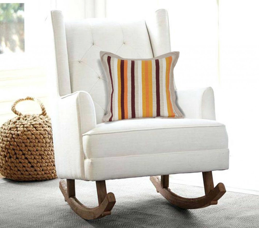 20" Beige Brown And Orange Striped Cotton Blend Throw Pillow