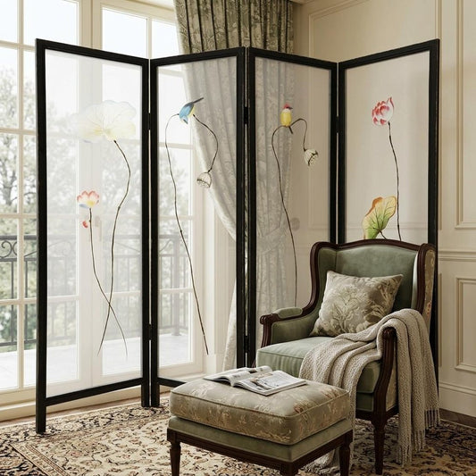 63" Black and White Fabric Folding Four Panel Screen Room Divider