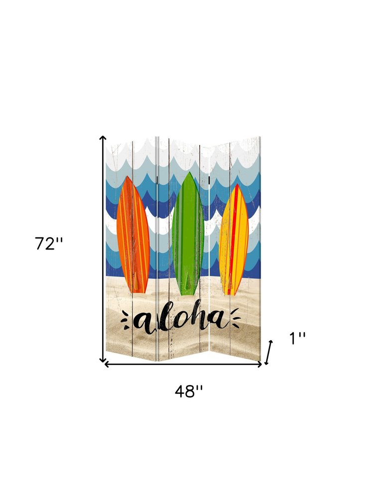 72" Blue and White Canvas Folding Three Panel Screen Room Divider