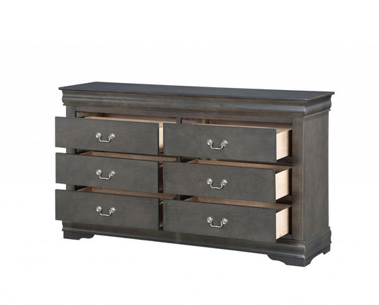 57" Gray Solid Wood Six Drawer Double Dresser