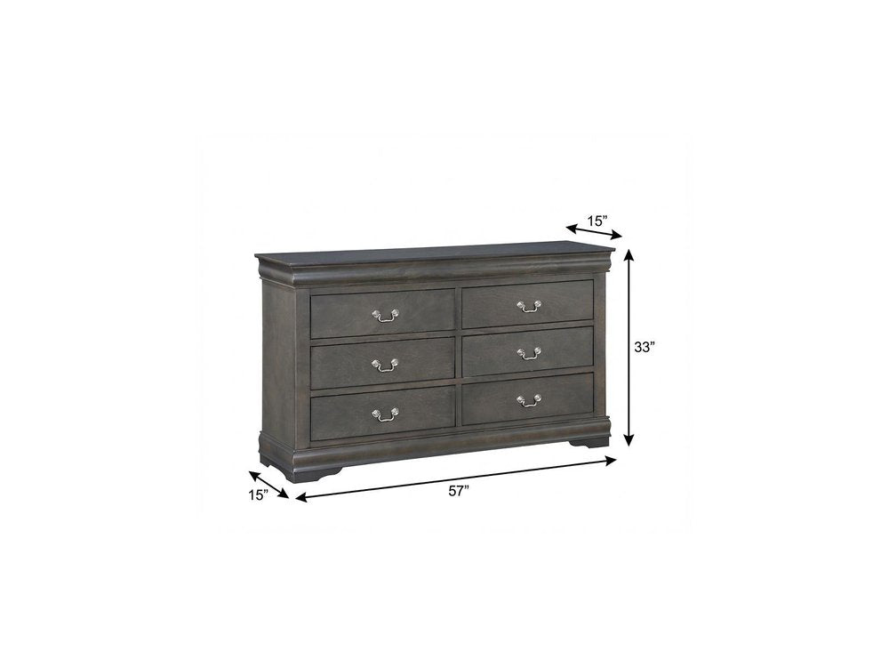 57" Gray Solid Wood Six Drawer Double Dresser