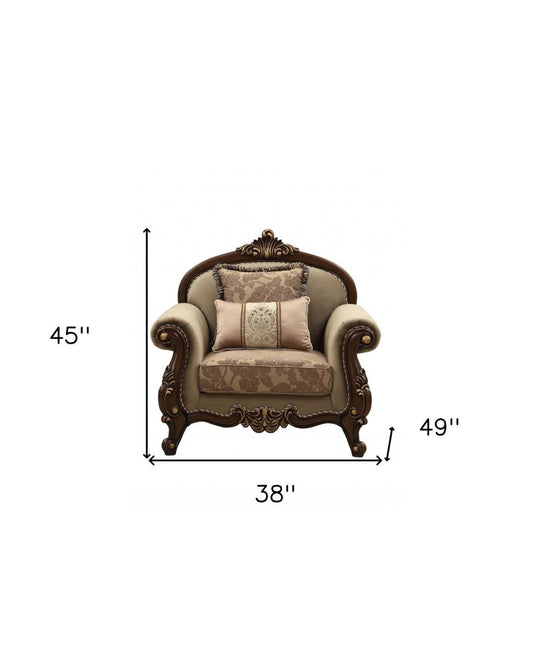 38" Beige Velvet and Wood Floral Arm Chair And Toss Pillows