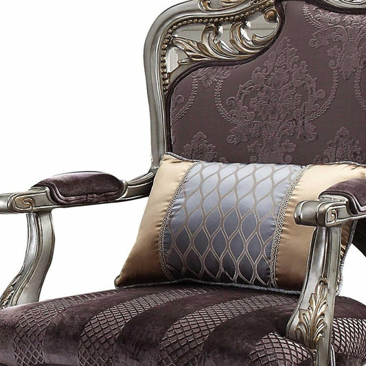 29" Purple Velvet and Wood Floral Arm Chair And Toss Pillow