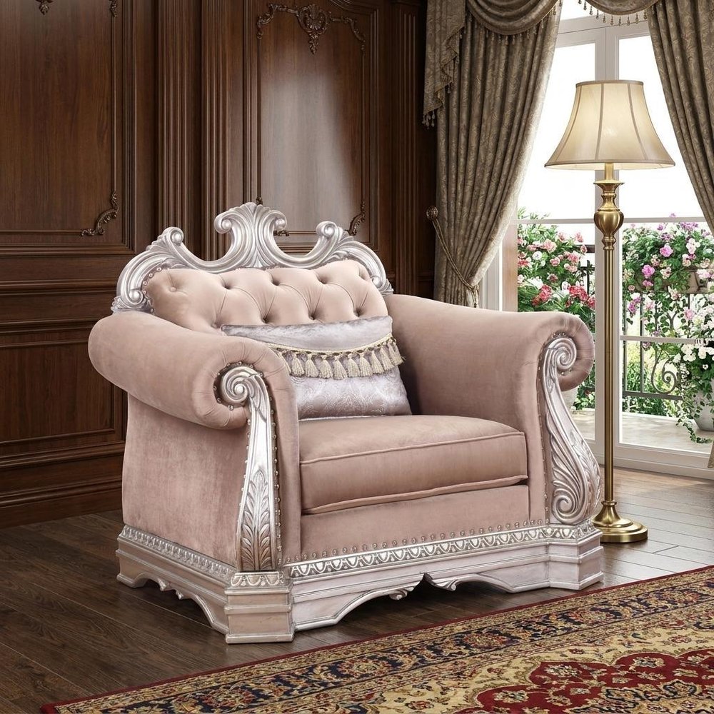 42" Cherry Blossom Pink Tufted Velvet and Wood Arm Chair And Toss Pillow