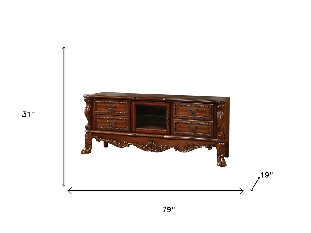 74" Off White Wood And Glass Carved Scrollwork Entertainment Center