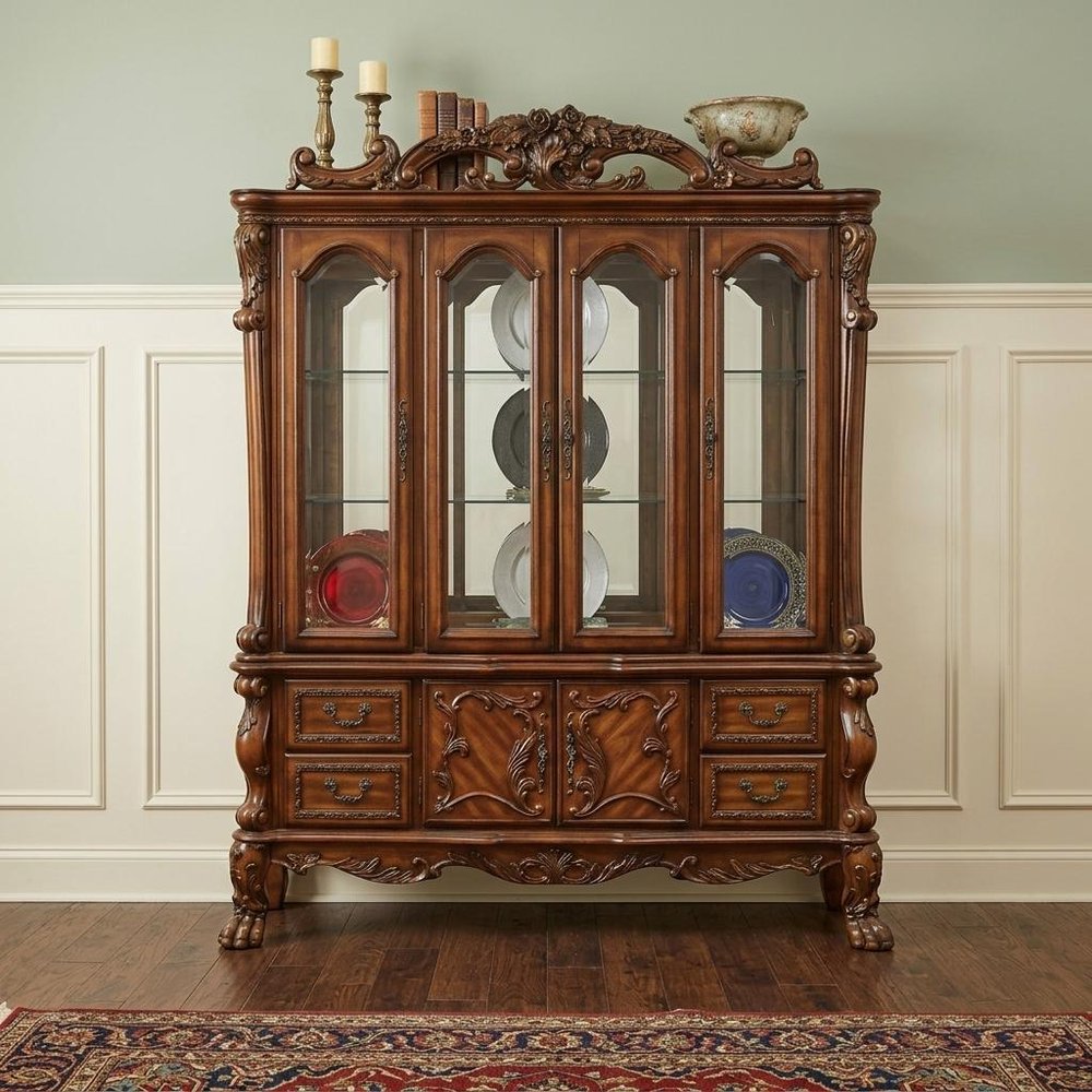 19" X 74" X 89" Cherry Oak Wood Poly Resin Glass Hutch Buffet