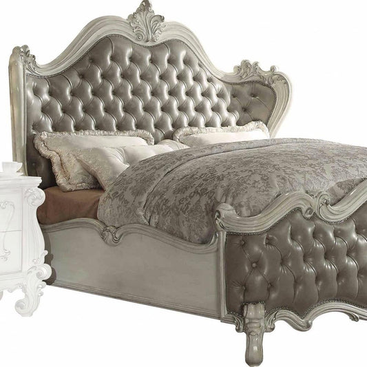 King Tufted Ivory And Gray Upholstered Faux Leather Bed With Nailhead Trim